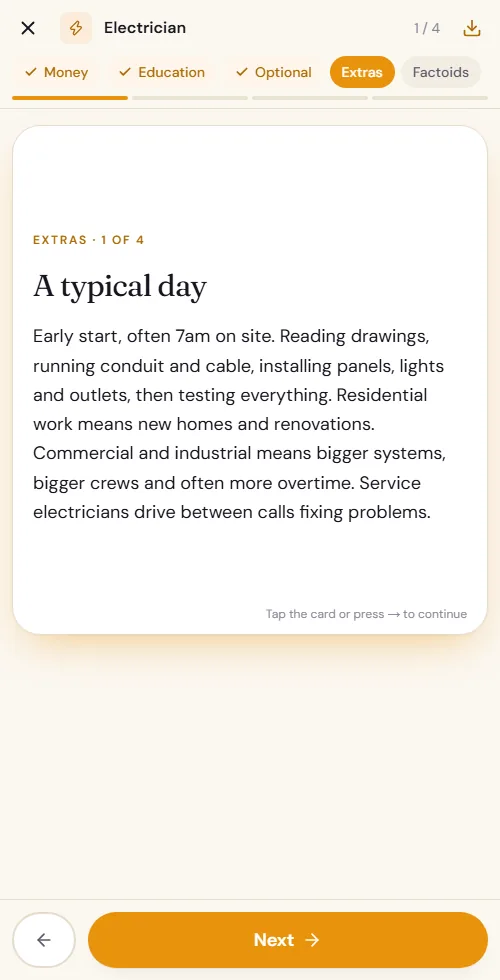 Extras screen for electrician: a typical day on site.