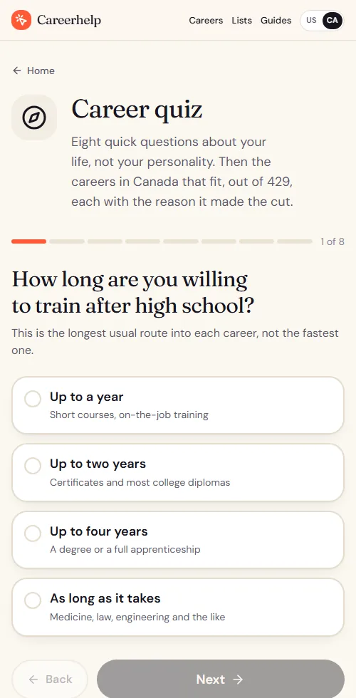 The career quiz, question 1 of 8: how long are you willing to train after high school?