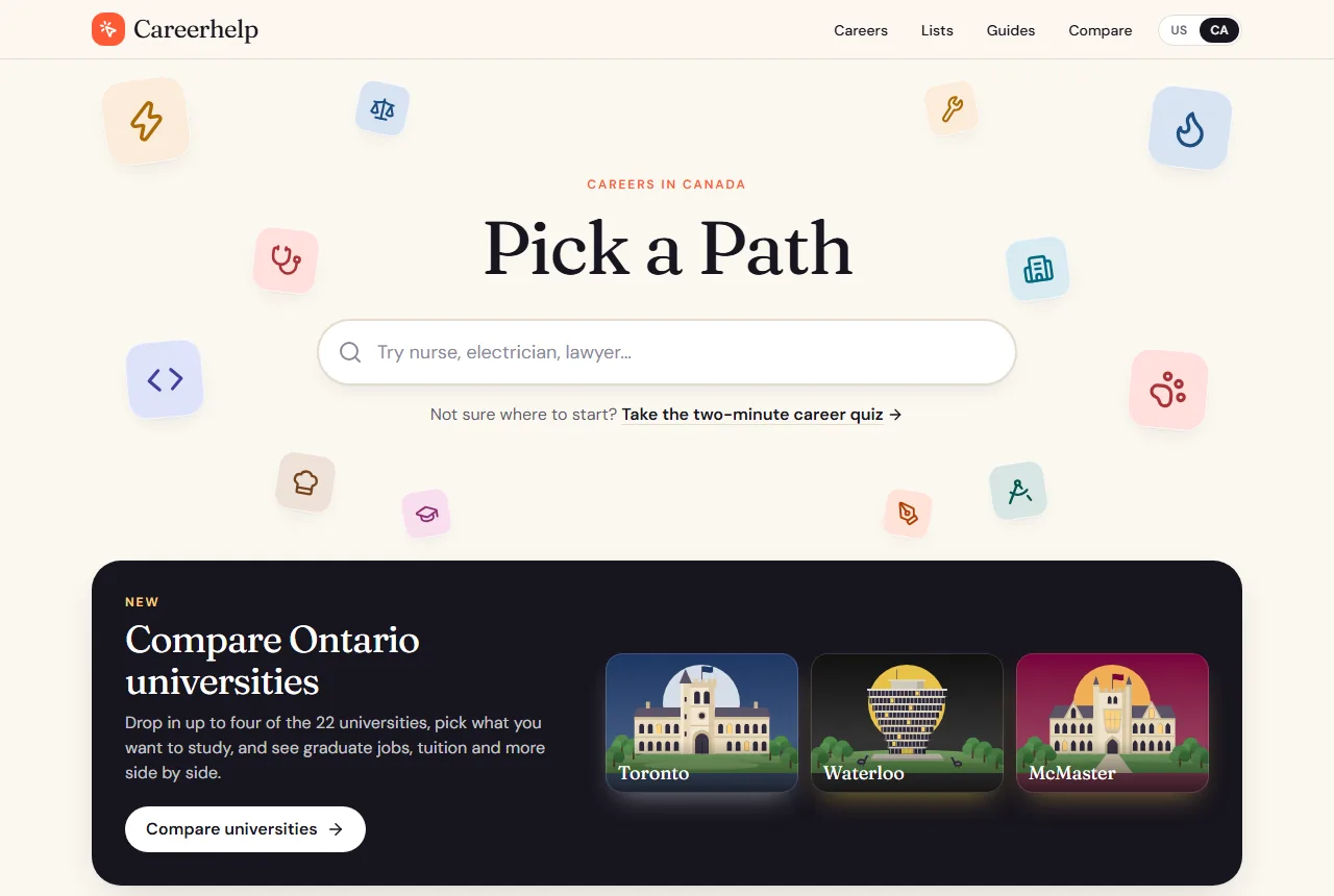 The Careerhelp home page: a search box, the career quiz link, the Ontario university comparer and the career lists.
